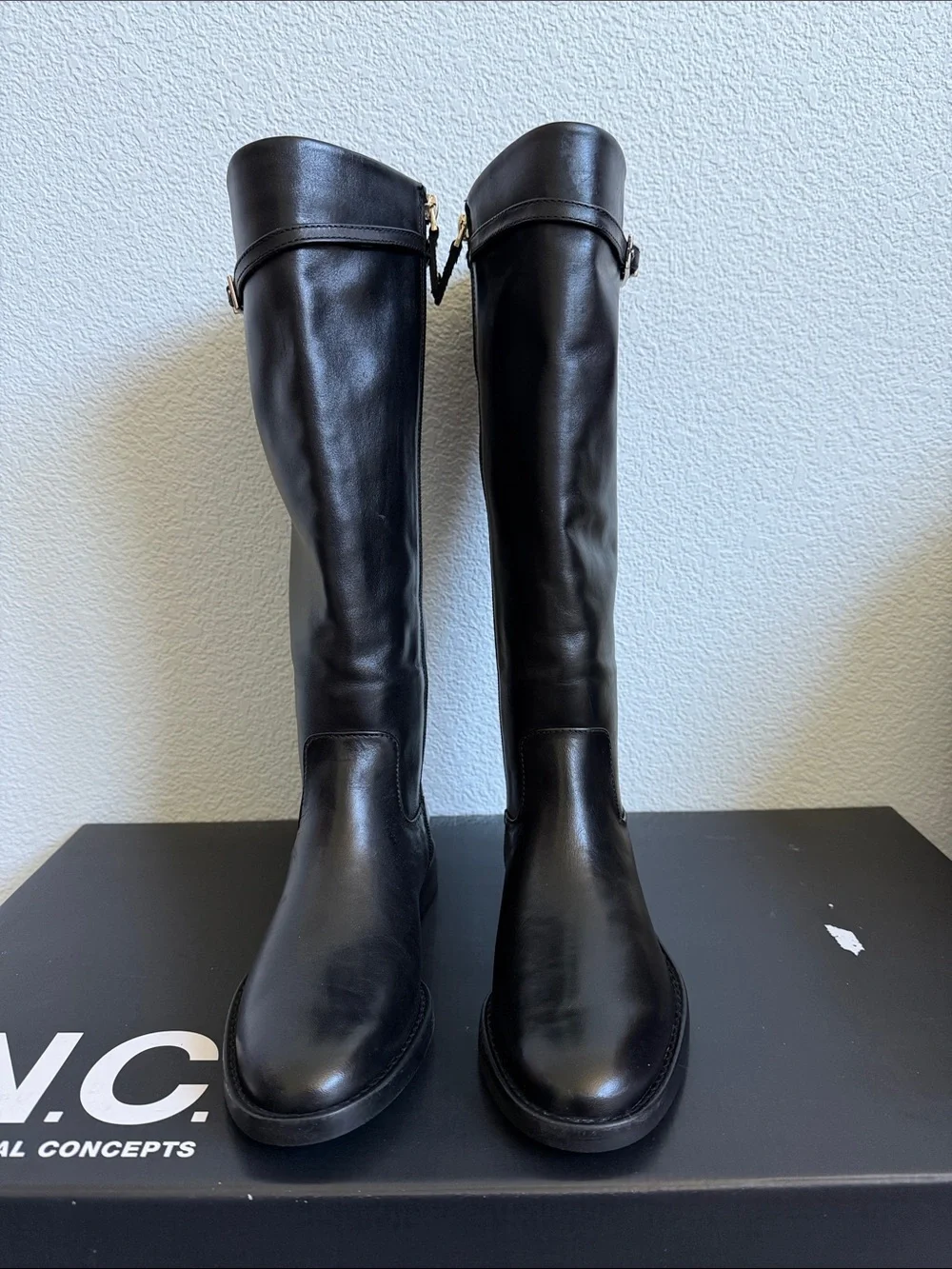 INC International Concepts Black Britta Round Toe Tall Leather Riding Boots NIB